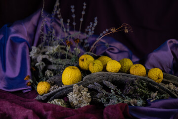 exquisite, original still life, phyto design, flower arrangement, ikebana, golden fruits of Chinese...