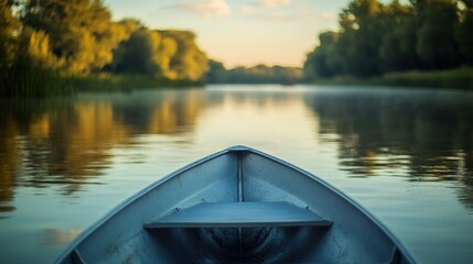 Fototapeta premium Boat prow on calm river at sunset with reflections.