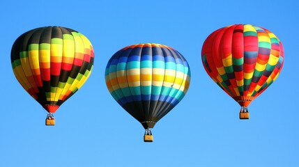 Obraz premium Brightly Colored Hot Air Balloons Floating in Clear Blue Sky: A Vibrant Display of Colorful Designs and Scenic Beauty Captured in Motion
