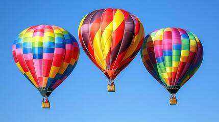 Naklejka premium Vibrant Hot Air Balloons Floating in a Clear Blue Sky, Captivating Display of Colors and Shapes Against a Stunning Backdrop of Nature's Serenity