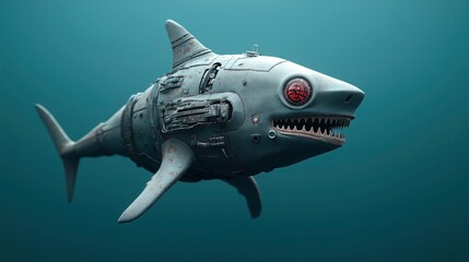 Fototapeta premium Futuristic robotic shark with mechanical features and red electronic eye in underwater setting