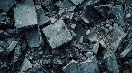 Pile of Broken Concrete Slabs and Stones in Chaotic Arrangement on Construction Site Surfaces Highlighting Demolition Debris and Urban Waste Materials