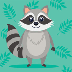 Obraz premium Cute and funny raccoon. Baby raccoon standing. Vector illustration raccoon character design with flat color. Can be used for design of t-shirts, posters and Baby Shower party and raccoon characters.