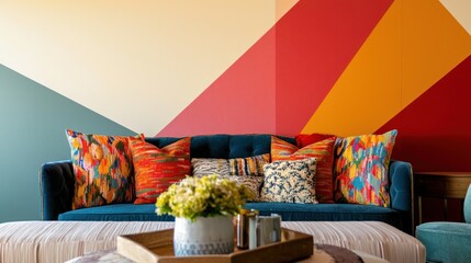 A beautifully painted accent wall in a bedroom, featuring geometric patterns and bold colors for a modern look