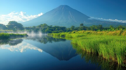 A serene landscape featuring a volcano reflected in a calm river surrounded by lush greenery.