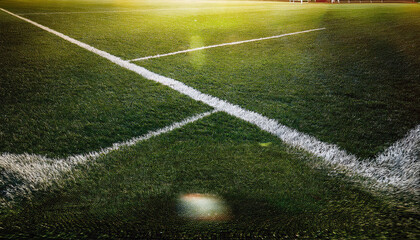 Obraz premium A close-up view of a worn football field, showcasing realistic grass texture and markings, highlighting the wear and tear of outdoor play in a vibrant green setting.