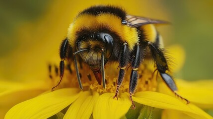Close-Up of a Bumblebee Resting on a Bright Sunflower Petal, Showcasing Nature's Beauty and Intricate Details of Pollination in a Serene Garden Setting