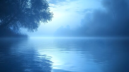 Serene Misty River Landscape With Silhouetted Trees