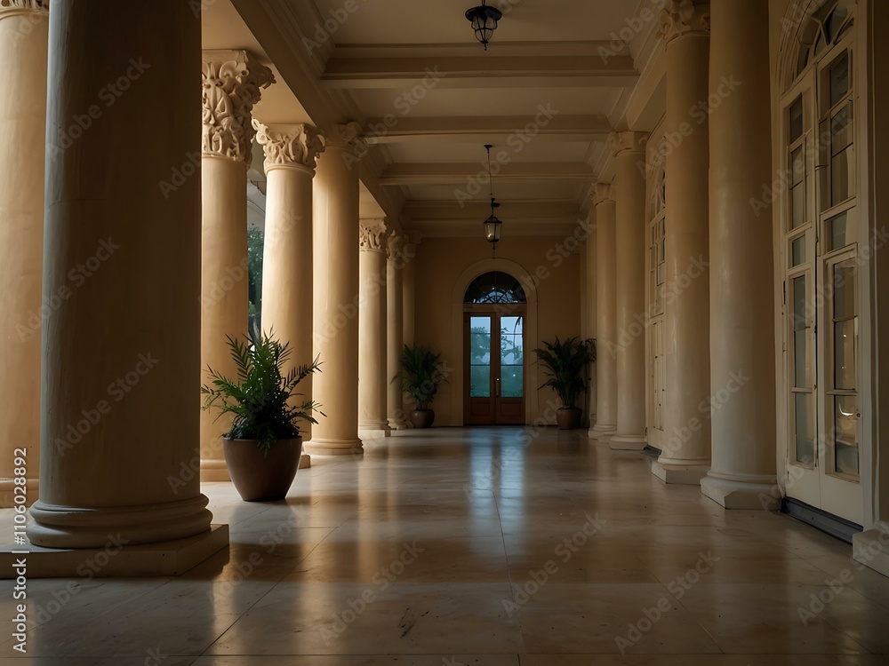 Poster expansive hallway with elegant architectural columns at dusk.