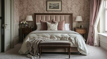 A beautifully styled bedroom background featuring soft hues and elegant decor, ideal for lifestyle photography