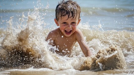 Obraz premium A child enjoying a day at the beach, building sandcastles and splashing in the waves with pure joy