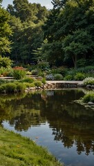 Obraz premium Expansive garden landscape with a prominent pond.