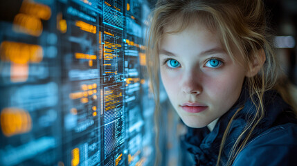 Young programmer looking at source code displayed on digital screen