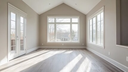 A bright and airy empty bedroom with large windows, showcasing natural light flooding the room