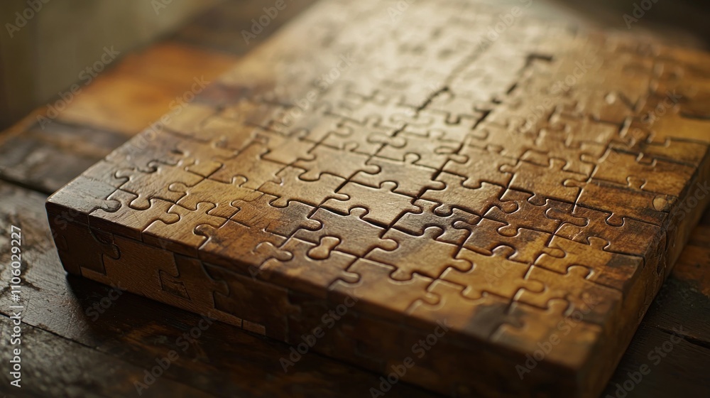Poster a complex puzzle sitting on a table, representing the enigma that challenges the intellect and patie