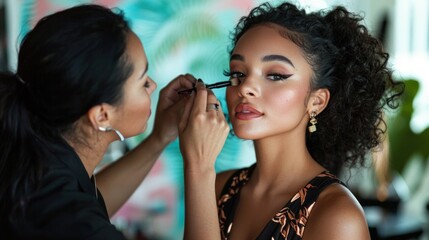 Naklejka premium A makeup artist enhancing a modelâ€™s features with bold colors and techniques, preparing for a photoshoot