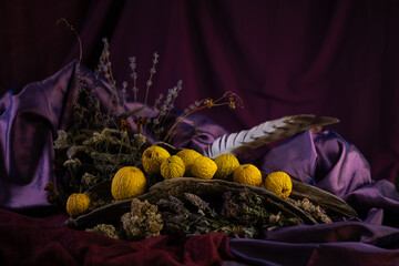 exquisite, original still life, phyto design, flower arrangement, ikebana, golden fruits of Chinese...