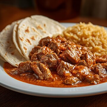  NEW MEXICAN CARNE ADOVADA featuring tender pork cooked in a deep red chili sauce. Served on a white plate with a side of warm flour tortillas and Spanish rice