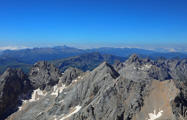 Panoramic view from over 3300 meters of altitude in the European Alps in the Dolomites mountain range in Italy during summer