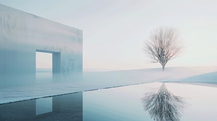 Minimalist Winter Scene With A Lone Tree And Gateway