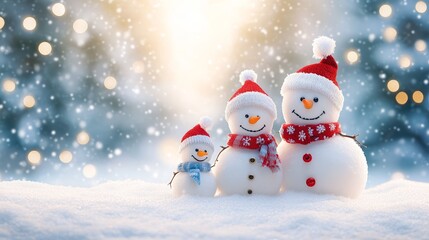 Fototapeta premium Adorable and Happy Snowman Family Dressed in Santa Hats on Snowy Ground for Festive Winter Holiday Scene