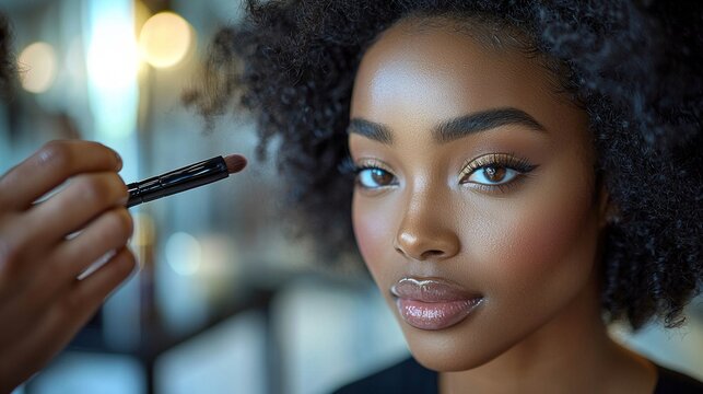 Professional makeup application occurs chic beauty studio where talented artist expertly enhances clients features using high quality products and soft lighting.