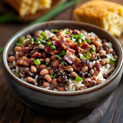  SOUTHERN HOPPIN' JOHN featuring black-eyed peas and rice garnished with crispy bacon pieces and green onions. Served in a rustic ceramic bowl with a side of cornbread.