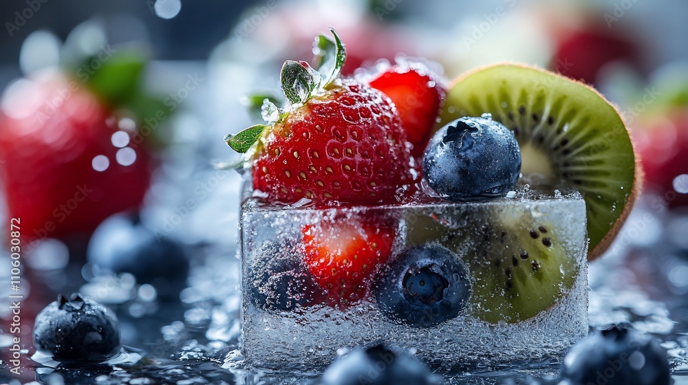Poster fresh berries and kiwi in ice cube.
