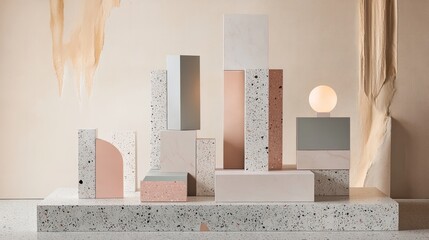 A terrazzo podium with abstract geometric cubes and minimal pastel lighting 