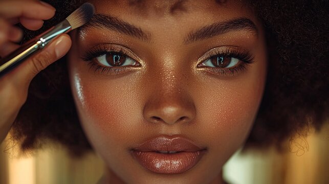 Makeup artist attentively applies glamorous cosmetics client beautifully decorated studio. precise techniques showcase artistry and elegance professional makeup application.