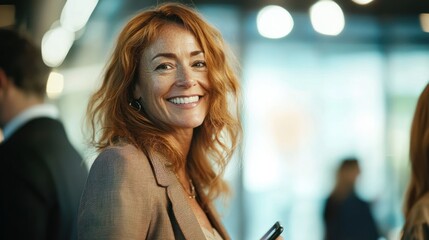 A candid business portrait of a woman networking at an event, capturing her engaging personality