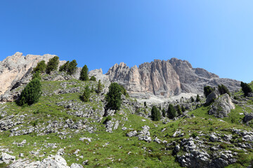 view from below of the rock wall of the italian dolomites in european alps in northern italy