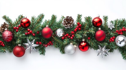 Christmas Garland With Red and White Ornaments and Pinecones on White Background Creating Festive and Elegant Design