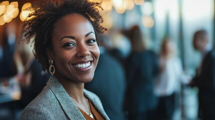 Fototapeta premium A candid business portrait of a woman networking at an event, capturing her engaging personality