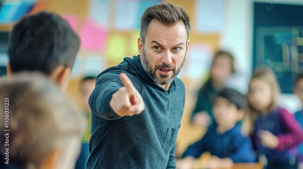Poster a teacher enforcing classroom rules to maintain order and create a positive learning environment for