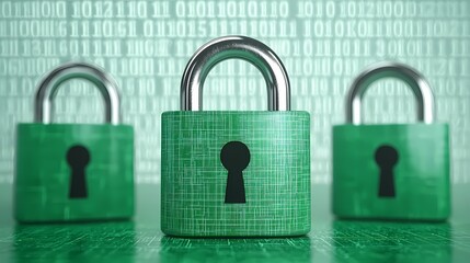 Three green padlocks are displayed against a binary code background, symbolizing security and data protection.