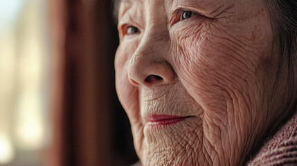 A close up portrait capturing the deep lines and wrinkles of an elderly womans face, reflecting a rich life story and wisdom through her expressive eyes and gentle smile.