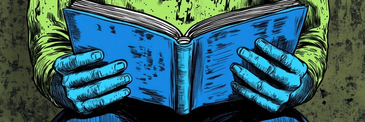 A person with blue hands holds a blue book, emphasizing reading and knowledge.