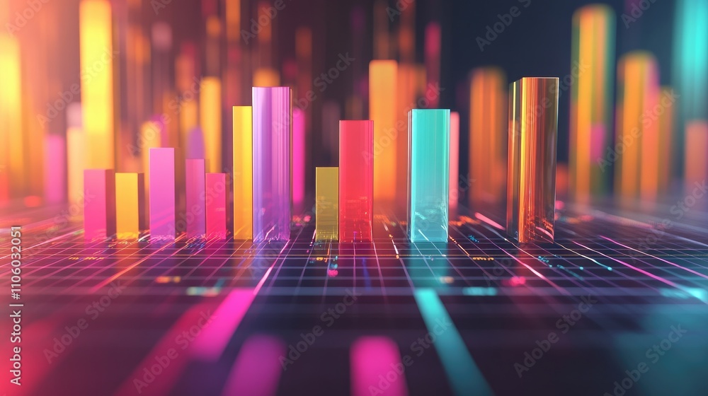 Poster a vibrant 3d financial bar graph with colorful bars rising from a grid, representing data growth and