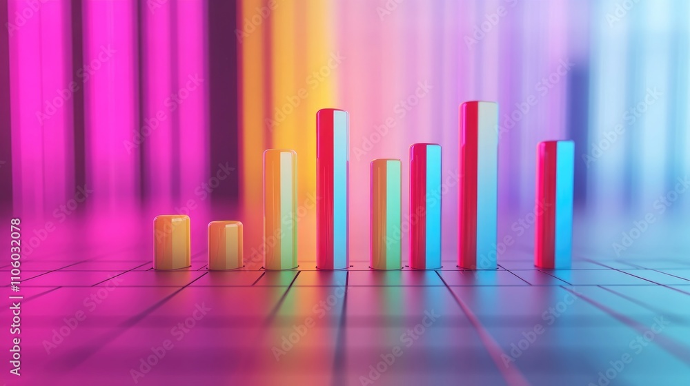Poster a vibrant 3d financial bar graph with colorful bars rising from a grid, representing data growth and