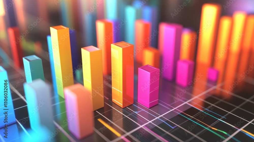 Poster a vibrant 3d financial bar graph with colorful bars rising from a grid, representing data growth and