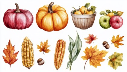 Autumn Harvest Watercolor Stickers with Pumpkins, Corn, Leaves