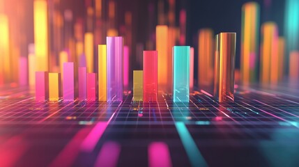 A vibrant 3D financial bar graph with colorful bars rising from a grid, representing data growth and success. Futuristic digital design on a clean background.