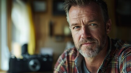 A candid portrait of a man in his 40s enjoying a hobby, reflecting personal interests and passions