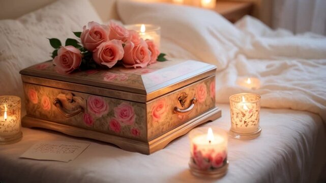 Beautifully decorated box with roses and candles on a cozy bed, decoupage caskets