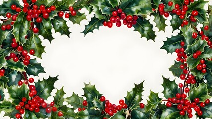 Vibrant holly frame with lush green leaves and bright red berries