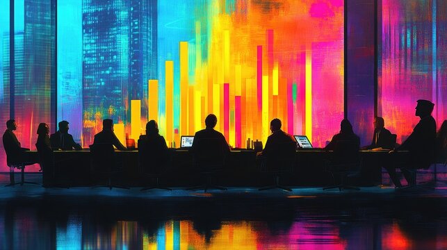 A vibrant bar chart showcasing investment growth over the years, displayed in a professional boardroom, with business professionals engaging in discussion about future financial strategies. - Powered by Adobe