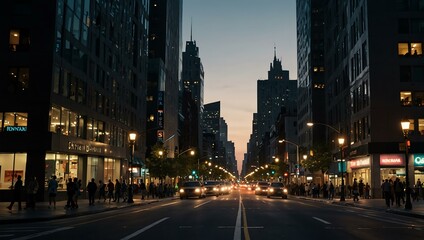 Obraz premium Eye-level shot of a bustling city street at dusk.