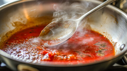 A rich, flavorful tomato sauce bubbling in a pan, releasing aromatic steam. Perfect for pasta dishes, pizzas, or as a base for your favorite recipes.