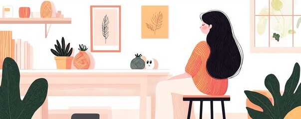 A woman sits in a cozy room filled with plants, enjoying a moment of tranquility.